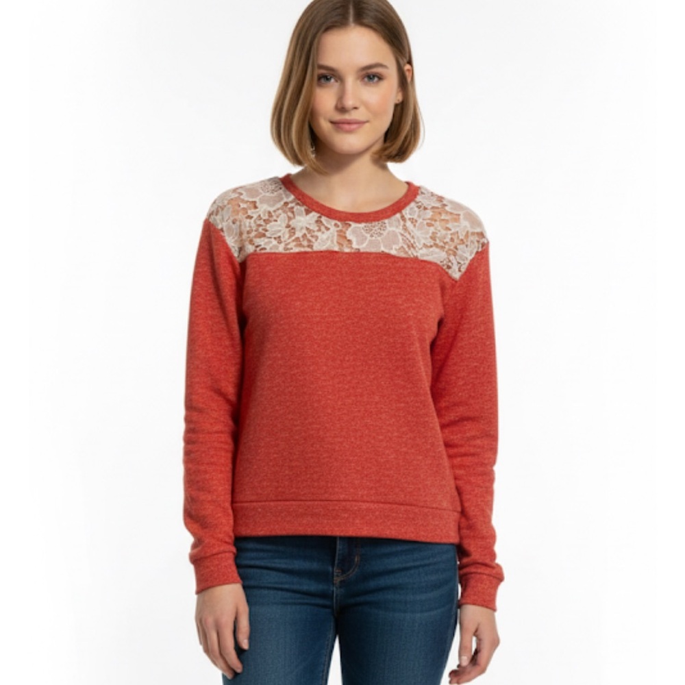 ACTIVE USA Crop Sweatshirt Style Lace Detail, Women’s M, Peachy Orange